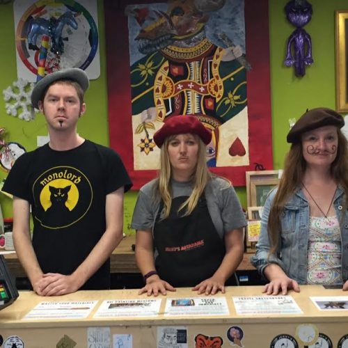 3 Staff Members of Jerry's Artarama Art Supply Store in Austin, TX with French Berets & Face Paint